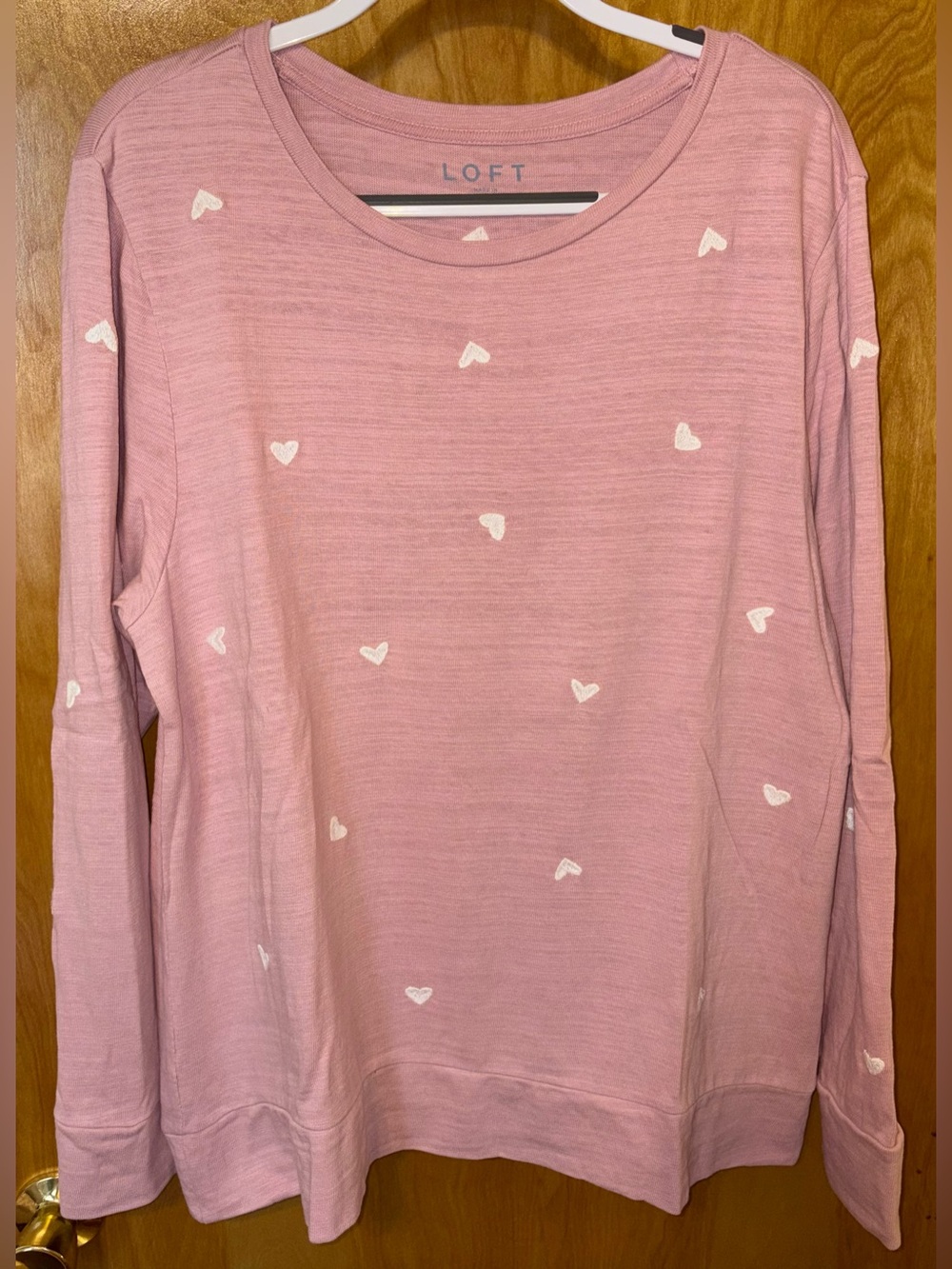 LOFT pink/white embroidered heart print knit scoop neck pullover Size XL